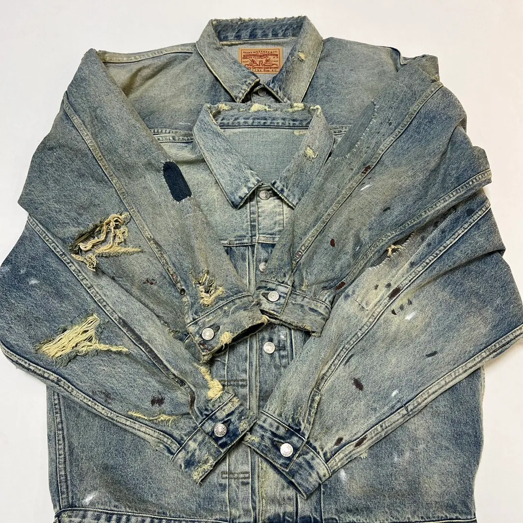 Proofing VS ZP SAINT MICHAEL x BERBERJIN BJ_DENIM JACKET/DAMAGE/BLU Latest BBJ joint model destroyed distressed ripped denim jacket heavy wash water SM destroyed denim jacket washed water blue S-XL
